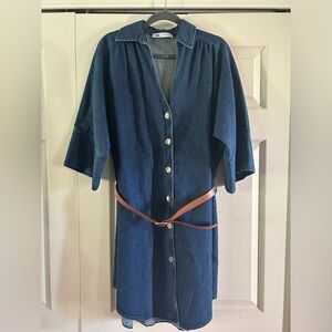 Zara Dress Women’s Size M Blue Denim Dark Wash 3/4 Sleeve Belted Buttons Jean